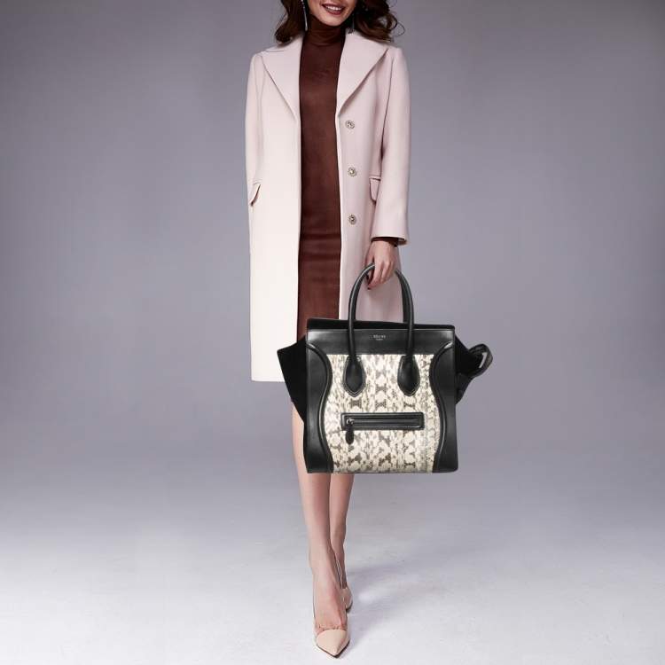 Pre Owned Celine Black/Beige Karung,Suede and Leather Mini Luggage Tote