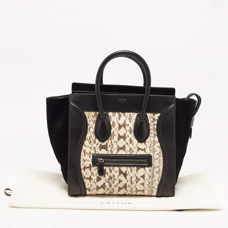 Pre Owned Celine Black/Beige Karung,Suede and Leather Mini Luggage Tote