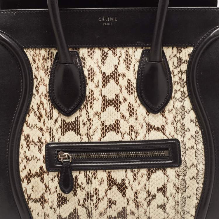 Pre Owned Celine Black/Beige Karung,Suede and Leather Mini Luggage Tote