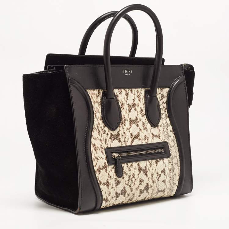 Pre Owned Celine Black/Beige Karung,Suede and Leather Mini Luggage Tote
