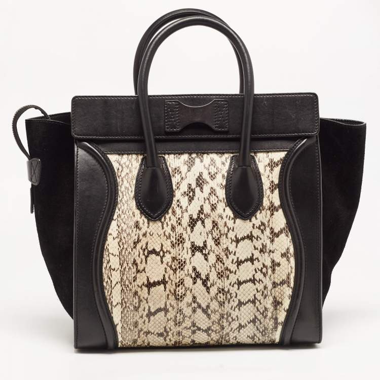 Pre Owned Celine Black/Beige Karung,Suede and Leather Mini Luggage Tote