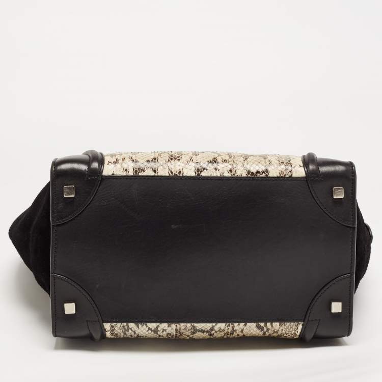 Pre Owned Celine Black/Beige Karung,Suede and Leather Mini Luggage Tote