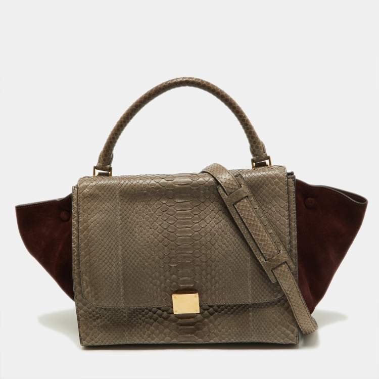 Pre Owned Celine Grey/Burgundy Python and Suede Medium Trapeze Bag