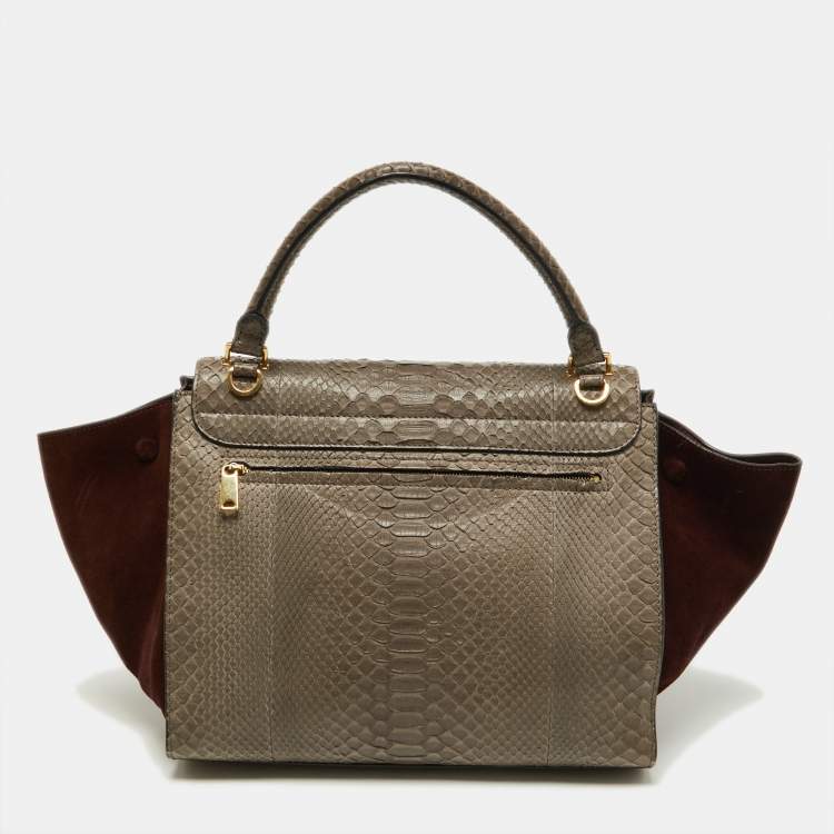 Pre Owned Celine Grey/Burgundy Python and Suede Medium Trapeze Bag