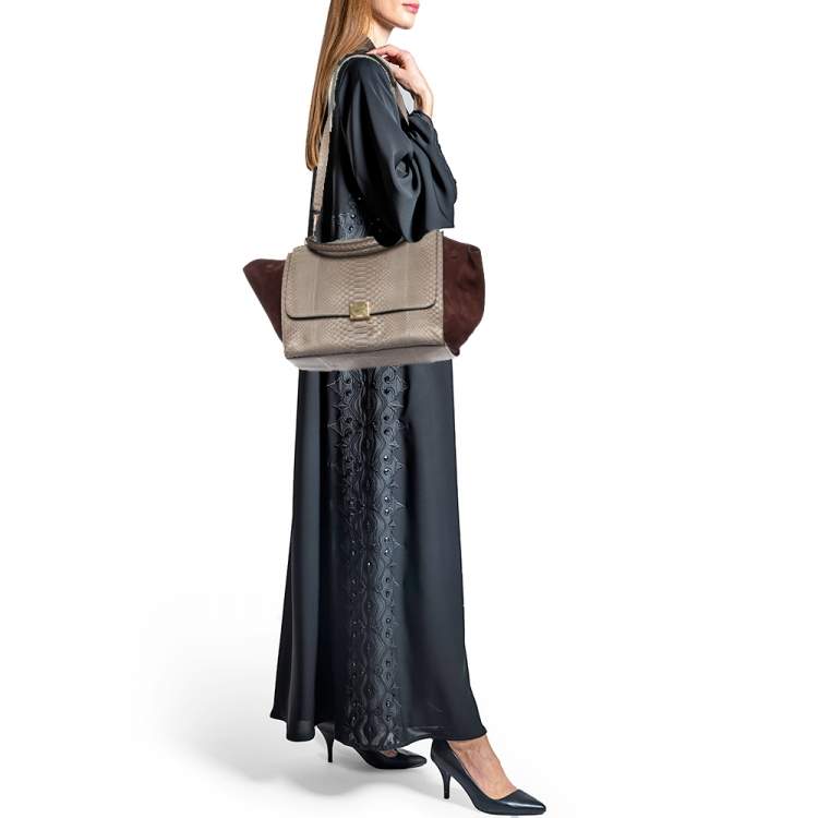 Pre Owned Celine Grey/Burgundy Python and Suede Medium Trapeze Bag