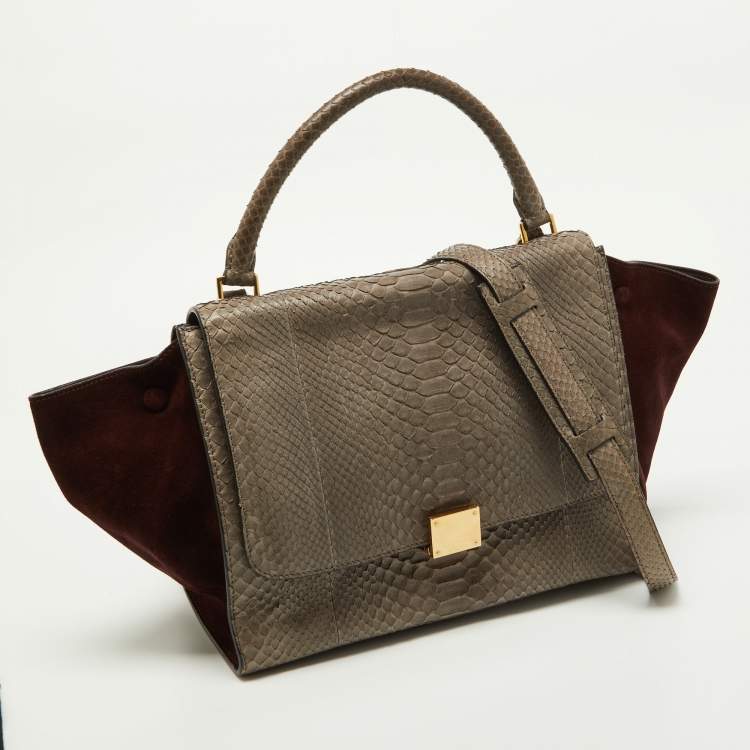 Pre Owned Celine Grey/Burgundy Python and Suede Medium Trapeze Bag