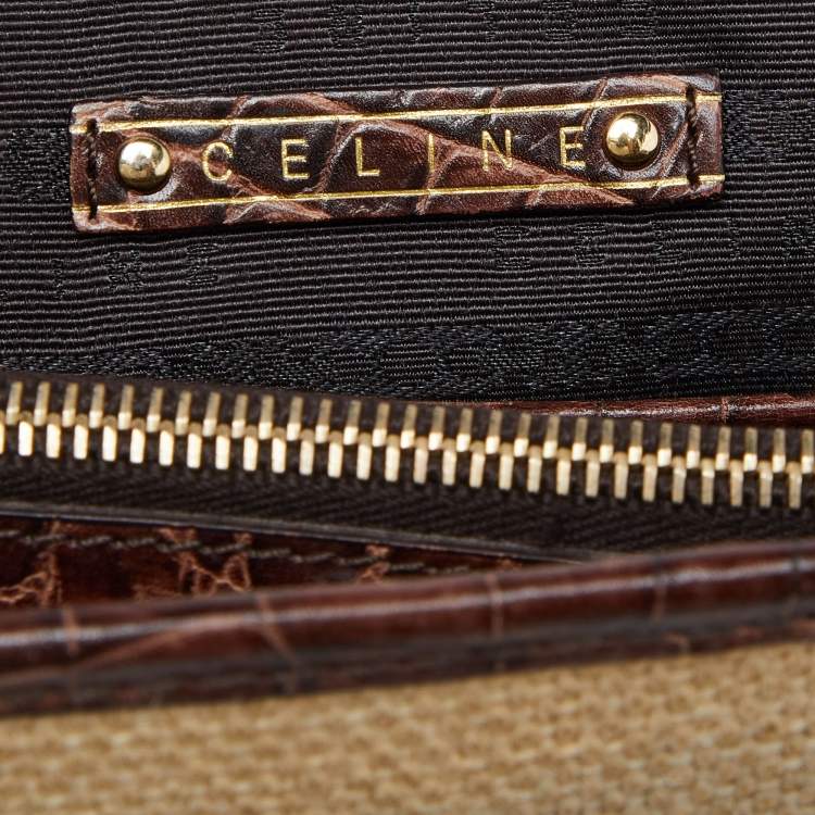 Pre Owned Celine Brown/Cream Raffia and Croc Embossed Leather Boogie Tote