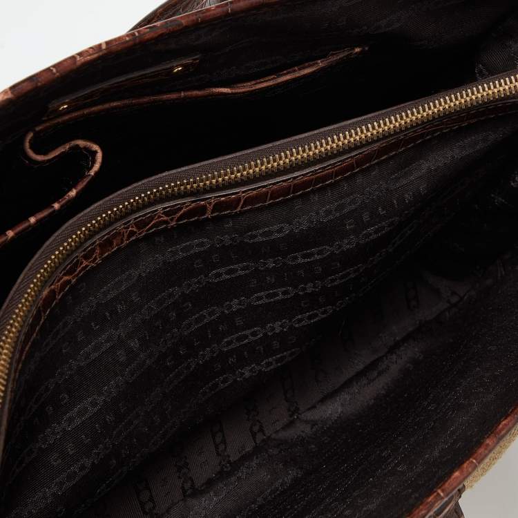 Pre Owned Celine Brown/Cream Raffia and Croc Embossed Leather Boogie Tote