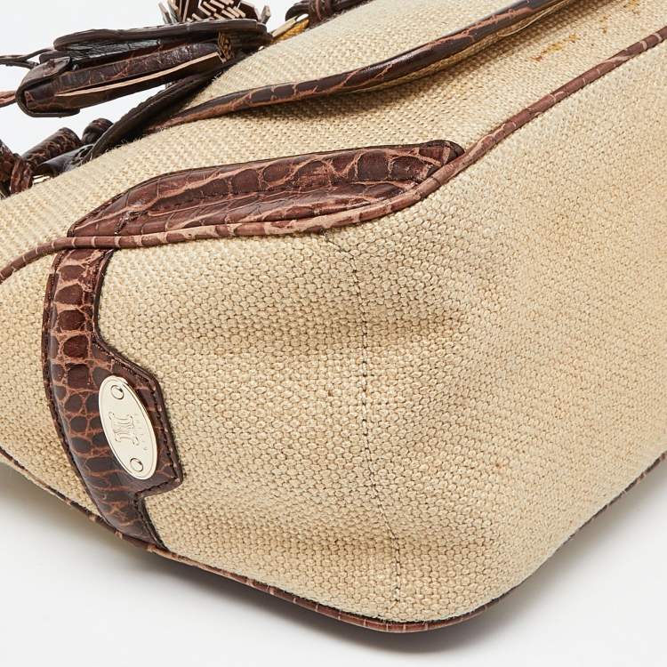 Pre Owned Celine Brown/Cream Raffia and Croc Embossed Leather Boogie Tote