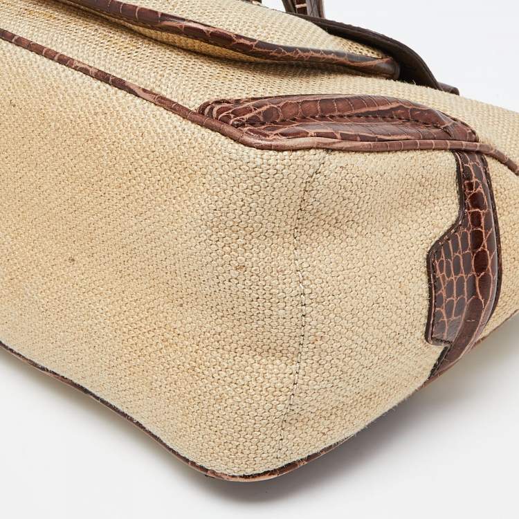 Pre Owned Celine Brown/Cream Raffia and Croc Embossed Leather Boogie Tote