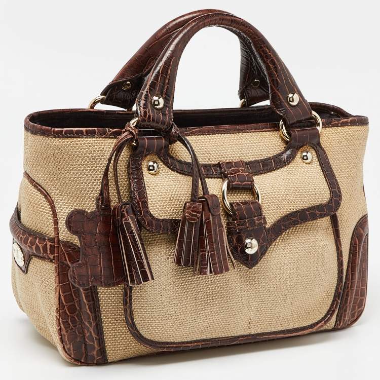 Pre Owned Celine Brown/Cream Raffia and Croc Embossed Leather Boogie Tote