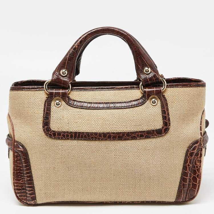 Pre Owned Celine Brown/Cream Raffia and Croc Embossed Leather Boogie Tote