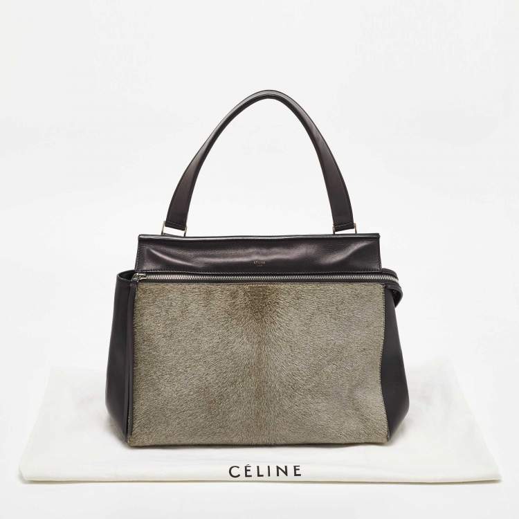Pre Owned Celine Black/Grey Leather and Calf Hair Medium Edge Top Handle Bag