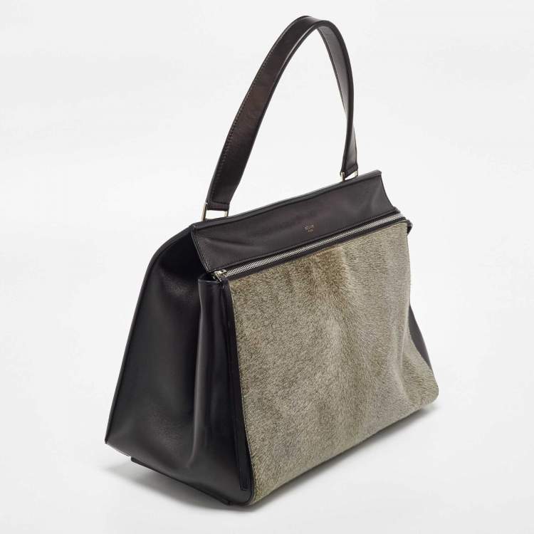 Pre Owned Celine Black/Grey Leather and Calf Hair Medium Edge Top Handle Bag