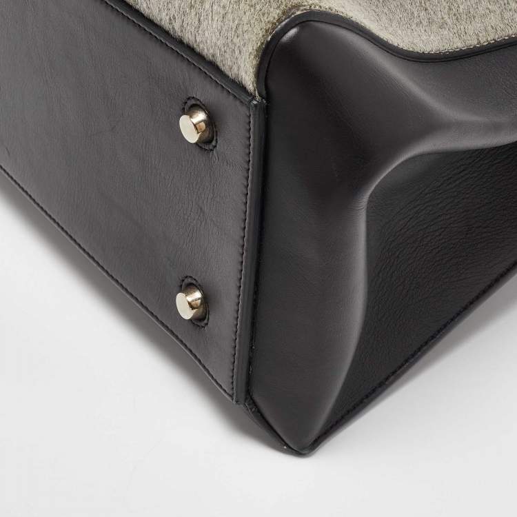 Pre Owned Celine Black/Grey Leather and Calf Hair Medium Edge Top Handle Bag