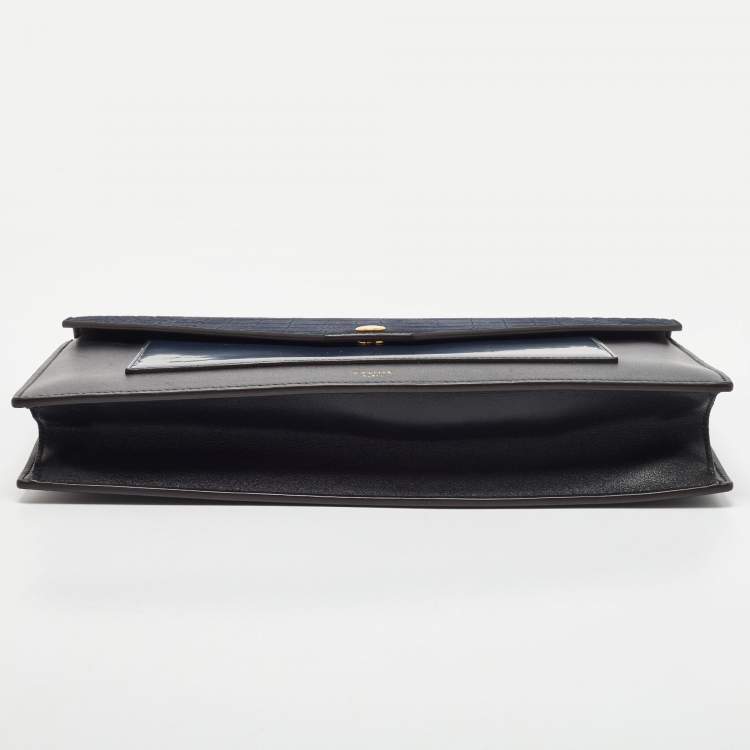 Pre Owned Celine Navy Blue/Black Croc Embossed and Leather Pocket Envelope Chain Clutch
