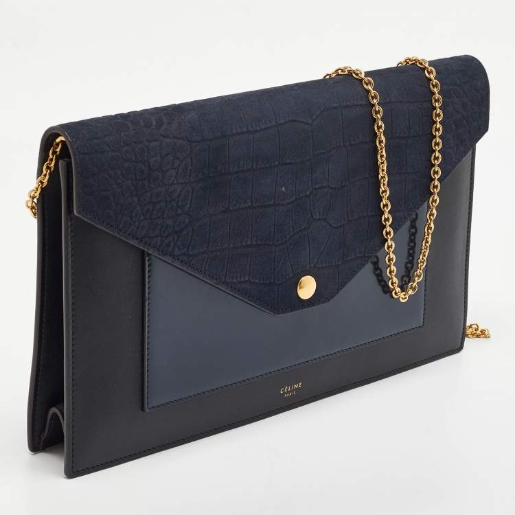 Pre Owned Celine Navy Blue/Black Croc Embossed and Leather Pocket Envelope Chain Clutch
