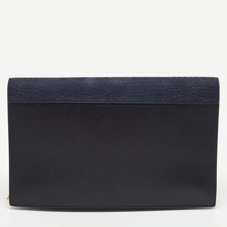 Pre Owned Celine Navy Blue/Black Croc Embossed and Leather Pocket Envelope Chain Clutch
