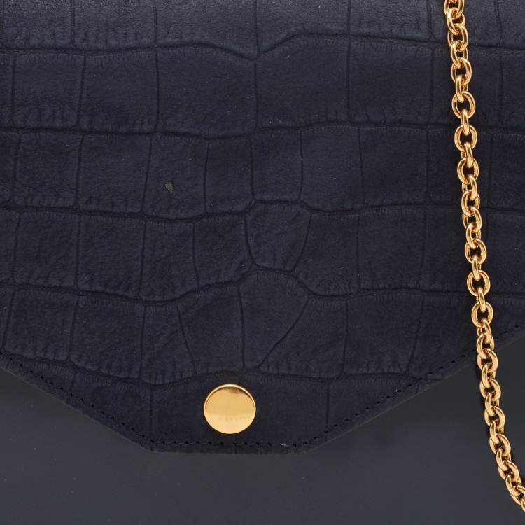 Pre Owned Celine Navy Blue/Black Croc Embossed and Leather Pocket Envelope Chain Clutch