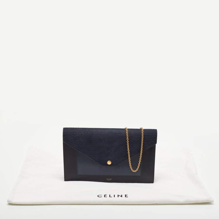 Pre Owned Celine Navy Blue/Black Croc Embossed and Leather Pocket Envelope Chain Clutch