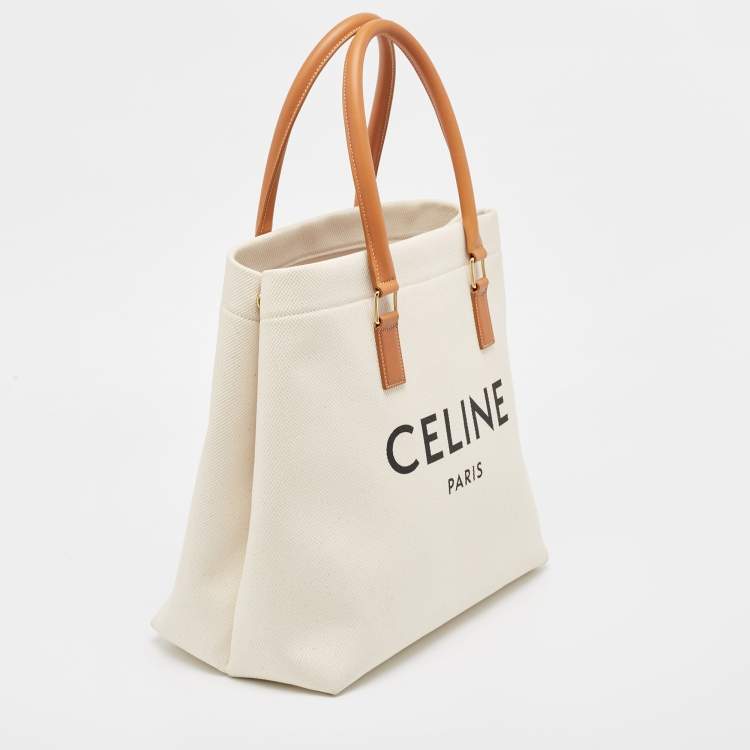 Pre Owned Celine Brown/Off White Canvas and Leather Vertical Cabas Tote