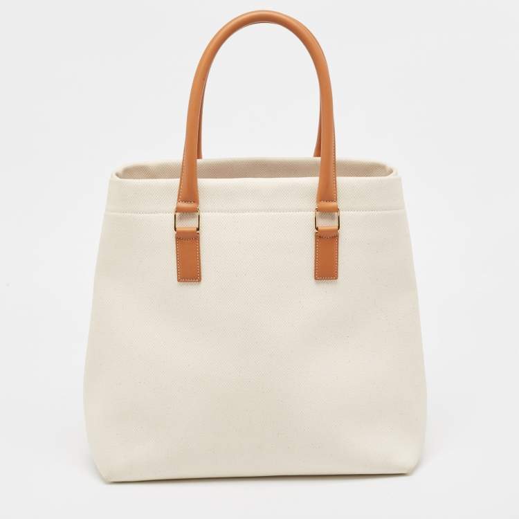 Pre Owned Celine Brown/Off White Canvas and Leather Vertical Cabas Tote
