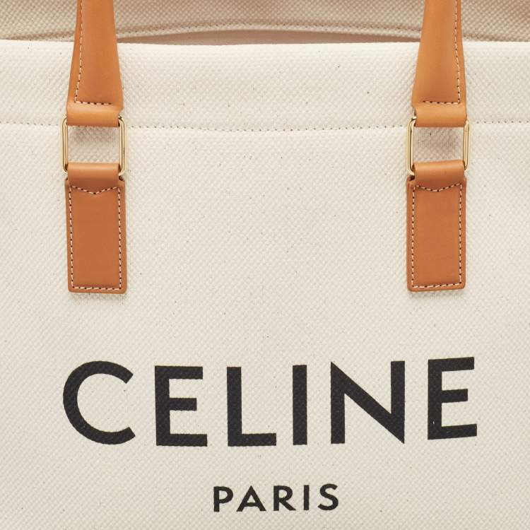 Pre Owned Celine Brown/Off White Canvas and Leather Vertical Cabas Tote