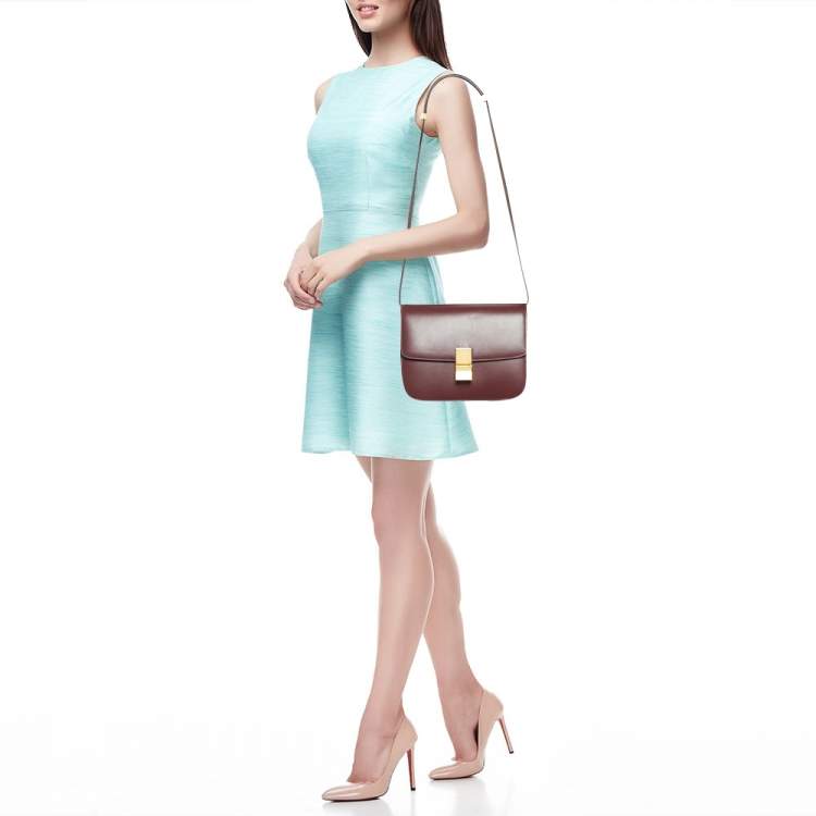 Pre Owned Celine Burgundy Leather Medium Classic Box Shoulder Bag