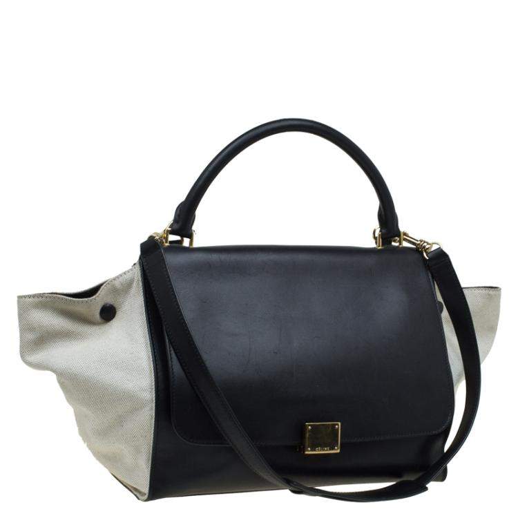 Pre Owned Celine Black/Beige Leather and Canvas Medium Trapeze Top Handle Bag