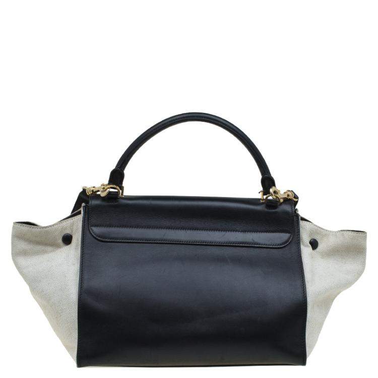 Pre Owned Celine Black/Beige Leather and Canvas Medium Trapeze Top Handle Bag
