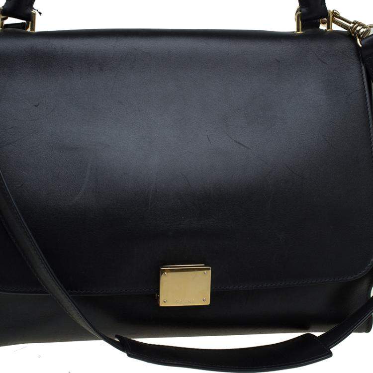 Pre Owned Celine Black/Beige Leather and Canvas Medium Trapeze Top Handle Bag