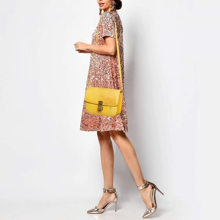 Pre Owned Celine Yellow Python Medium Classic Box Bag
