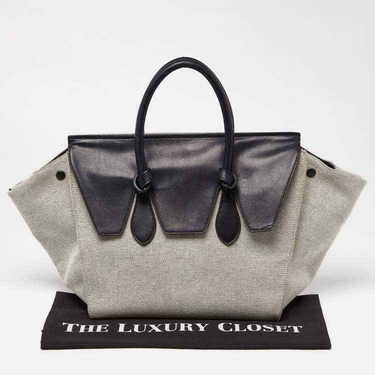 Pre Owned Celine Black/Cream Canvas and Leather Small Tie Tote