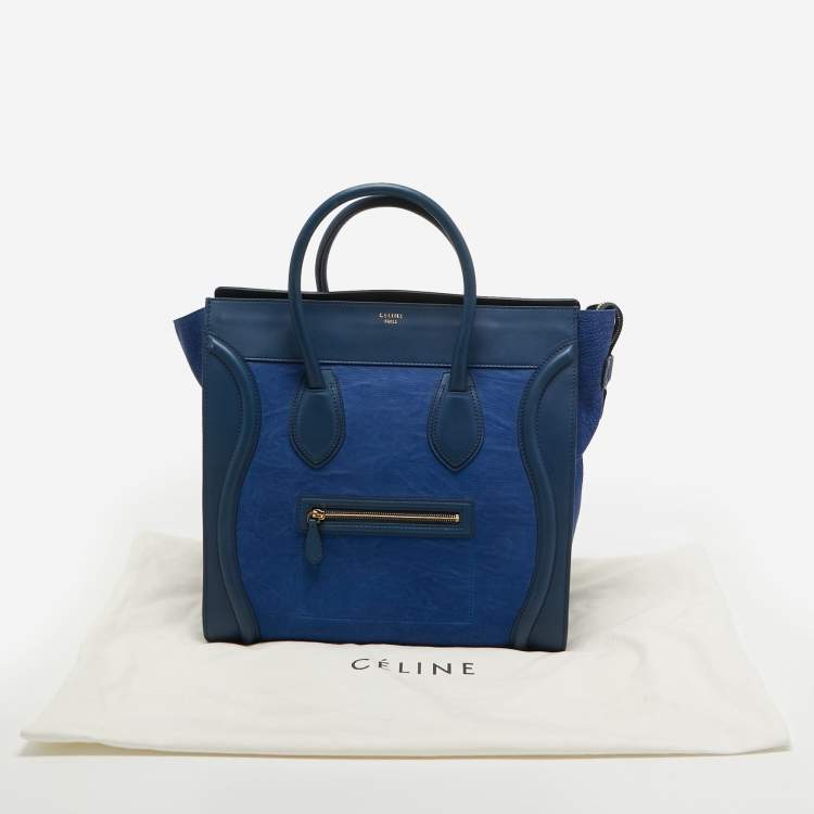 Pre Owned Celine Two Tone Blue Leather and Nubuck Medium Luggage Tote