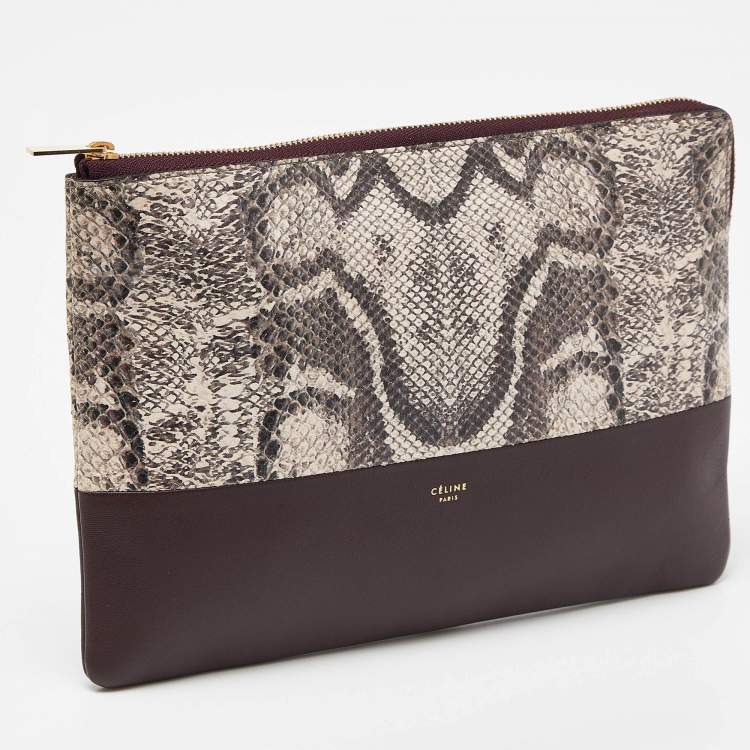 Pre Owned Celine Beige/Burgundy Snake Print Leather and Leather Solo Clutch Pouch