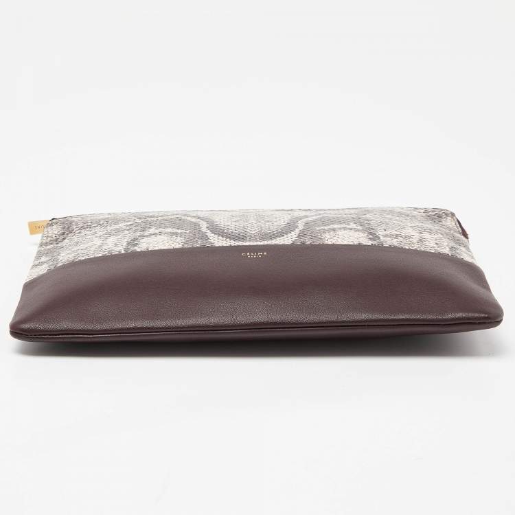 Pre Owned Celine Beige/Burgundy Snake Print Leather and Leather Solo Clutch Pouch