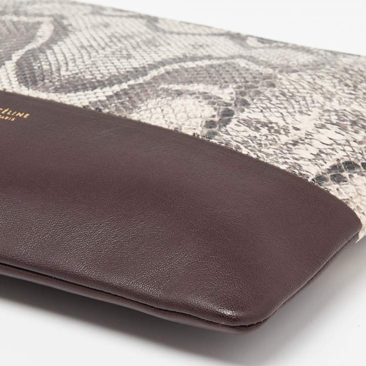Pre Owned Celine Beige/Burgundy Snake Print Leather and Leather Solo Clutch Pouch