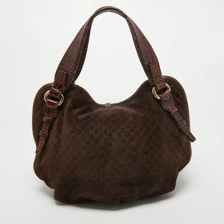Pre Owned Celine Dark Brown Macadam Suede and Croc Embossed Leather Bittersweet Hobo
