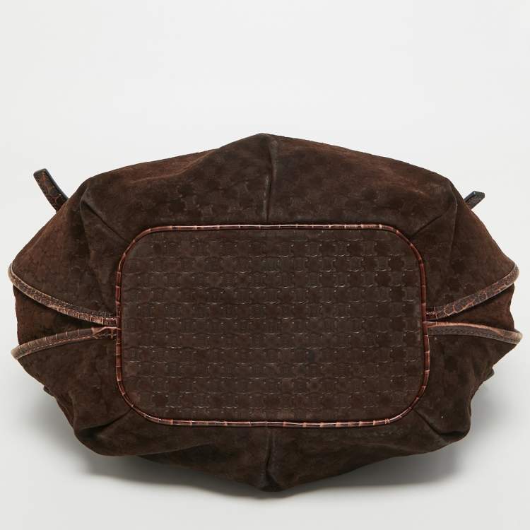 Pre Owned Celine Dark Brown Macadam Suede and Croc Embossed Leather Bittersweet Hobo
