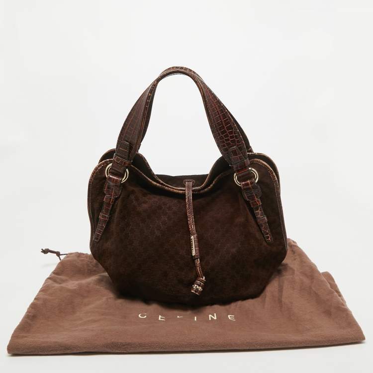 Pre Owned Celine Dark Brown Macadam Suede and Croc Embossed Leather Bittersweet Hobo