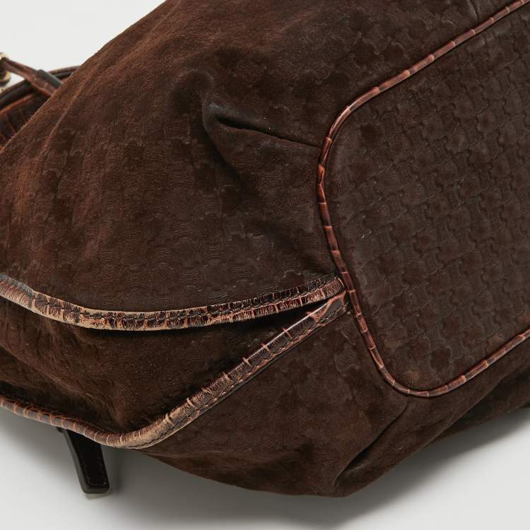 Pre Owned Celine Dark Brown Macadam Suede and Croc Embossed Leather Bittersweet Hobo