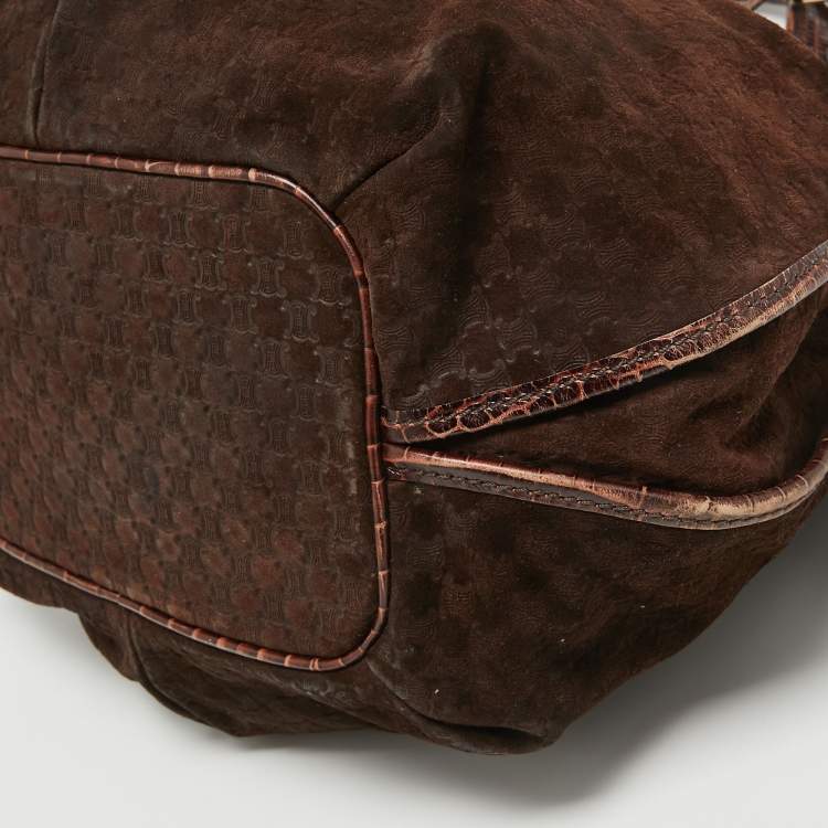 Pre Owned Celine Dark Brown Macadam Suede and Croc Embossed Leather Bittersweet Hobo