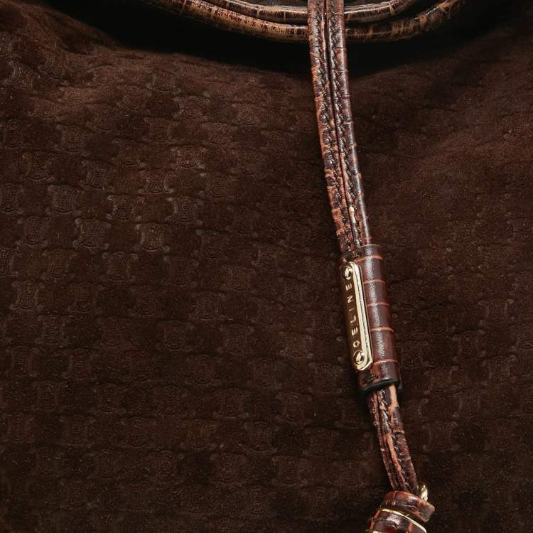Pre Owned Celine Dark Brown Macadam Suede and Croc Embossed Leather Bittersweet Hobo