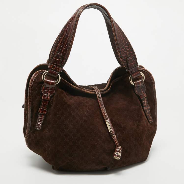 Pre Owned Celine Dark Brown Macadam Suede and Croc Embossed Leather Bittersweet Hobo