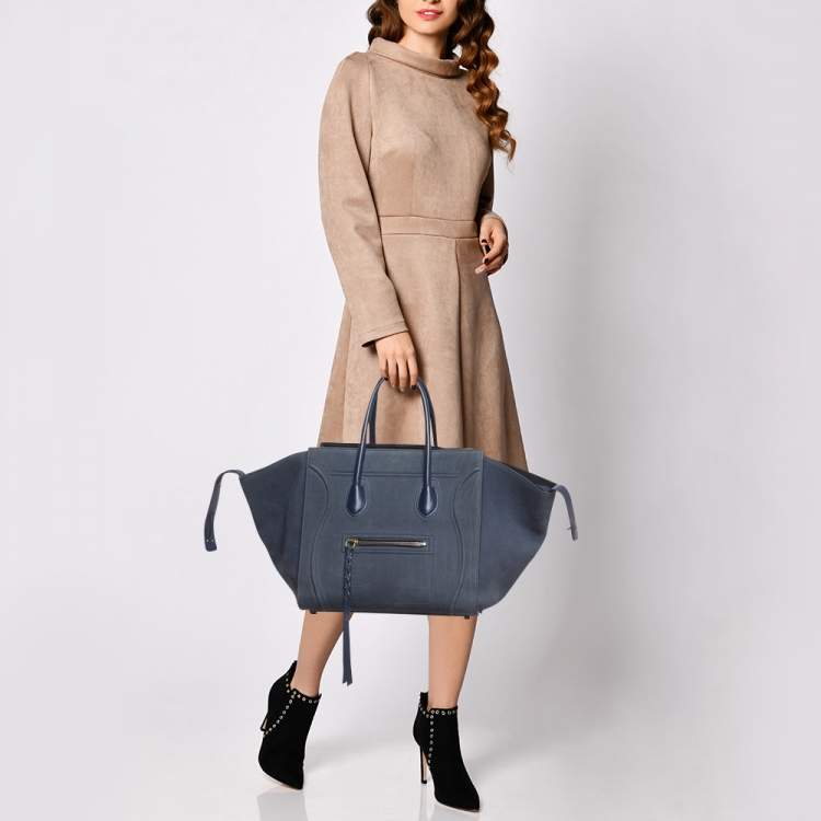 Pre Owned Celine Two Tone Blue Nubuck and Leather Medium Phantom Tote