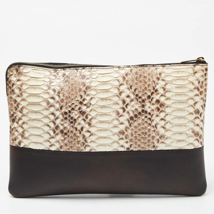 Pre Owned Celine Beige/Black Watersnake Leather and Leather Solo Zip Pouch