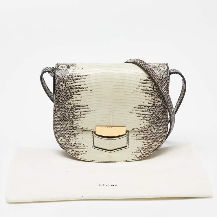 Pre Owned Celine Cream/Black Lizard Small Trotteur Crossbody Bag