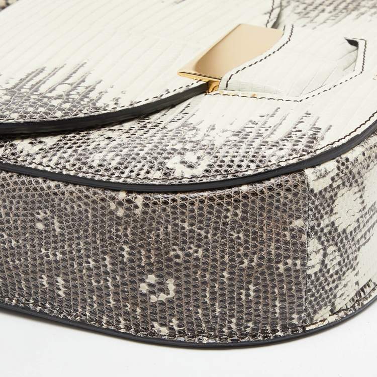 Pre Owned Celine Cream/Black Lizard Small Trotteur Crossbody Bag