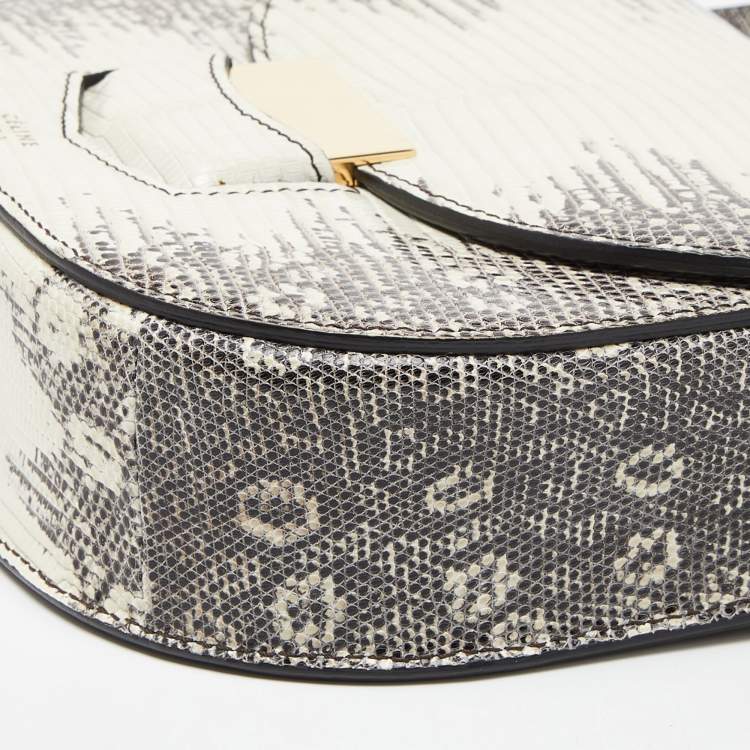 Pre Owned Celine Cream/Black Lizard Small Trotteur Crossbody Bag