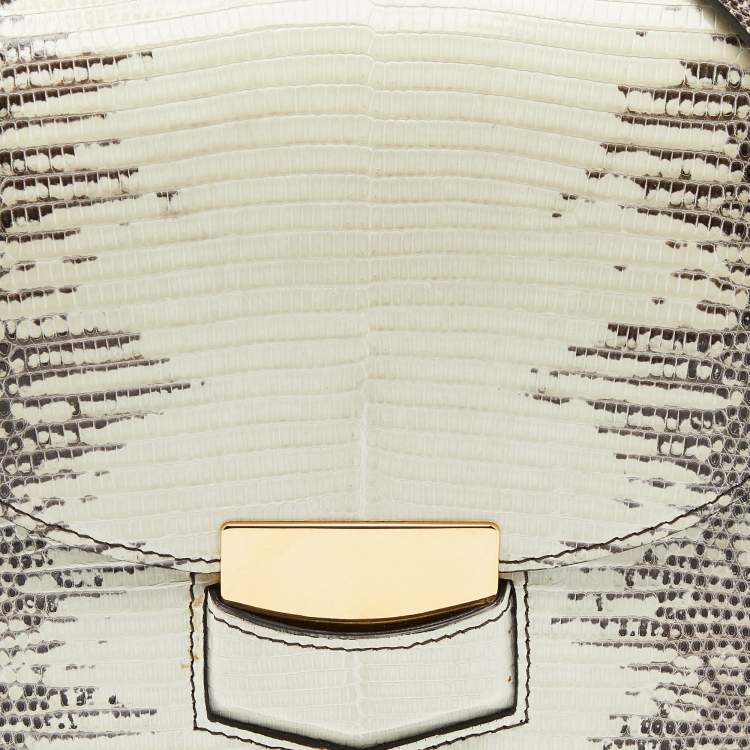 Pre Owned Celine Cream/Black Lizard Small Trotteur Crossbody Bag